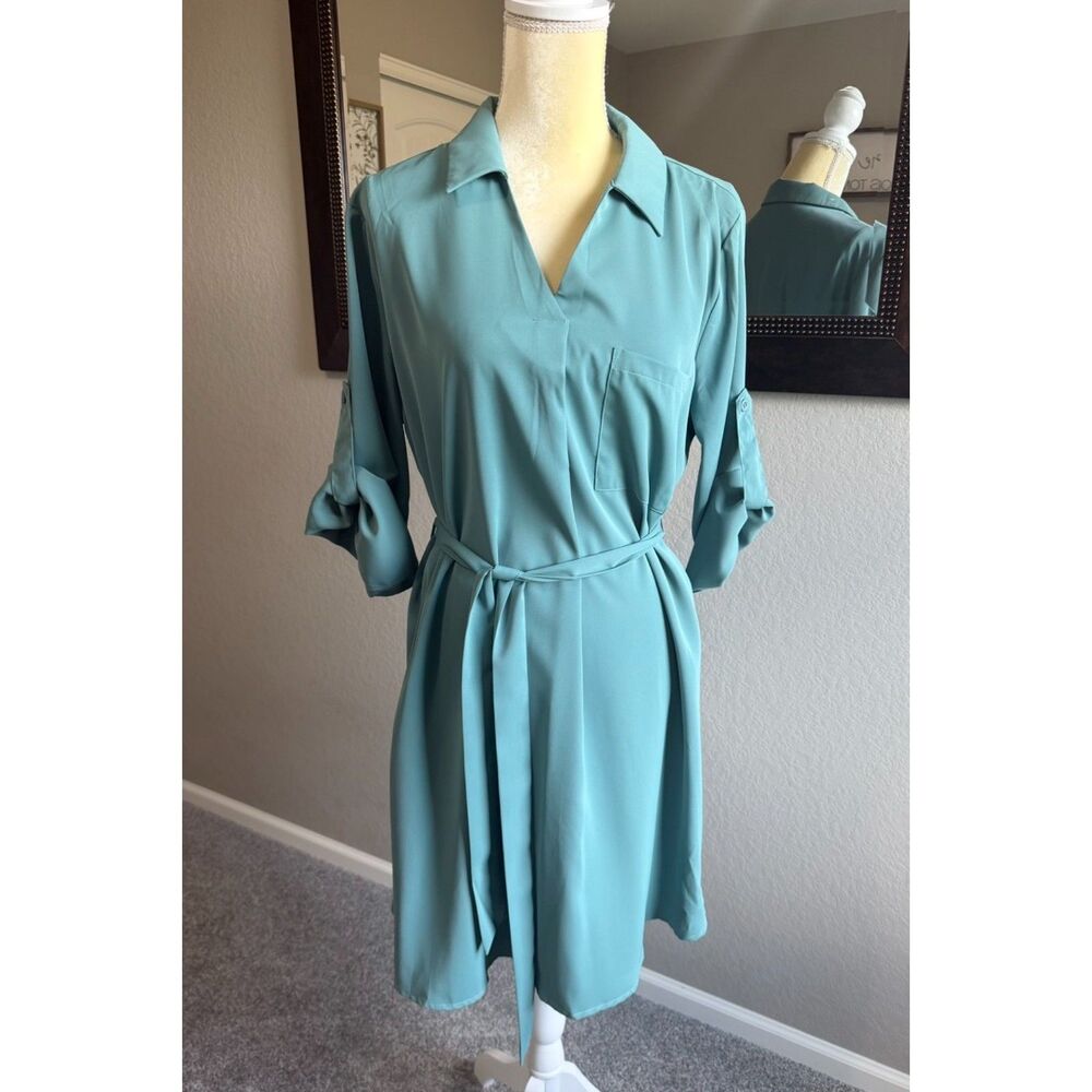 Halara Womens L Teal Shirt Dress Belted Roll Tab Sleeve Collared A Line - Picture 2 of 7